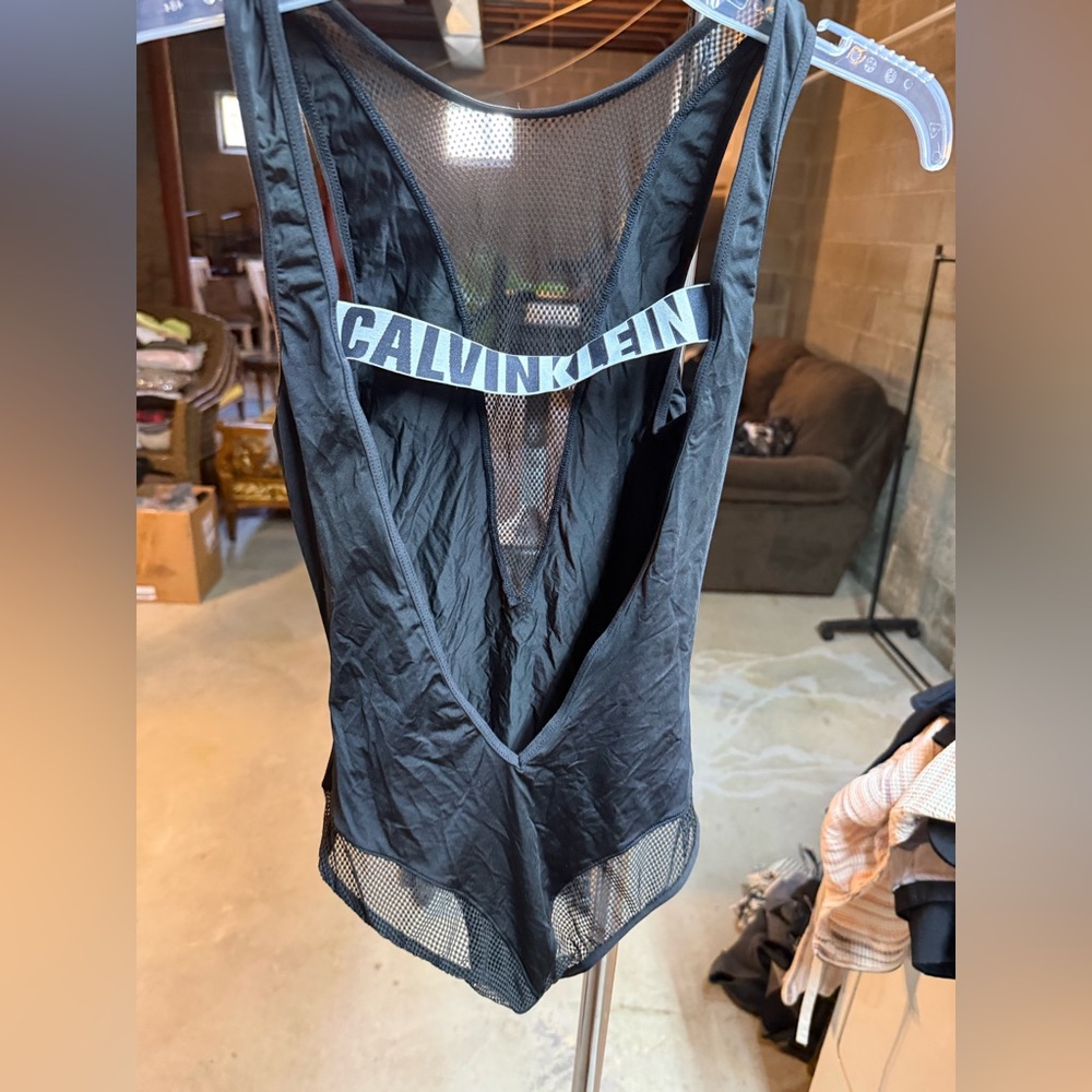 Calvin Klein Black Mesh Bodysuit with Logo Strap